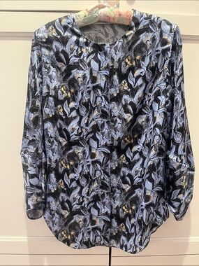 Dior Blue, Black and gold Floral Print button down Blouse